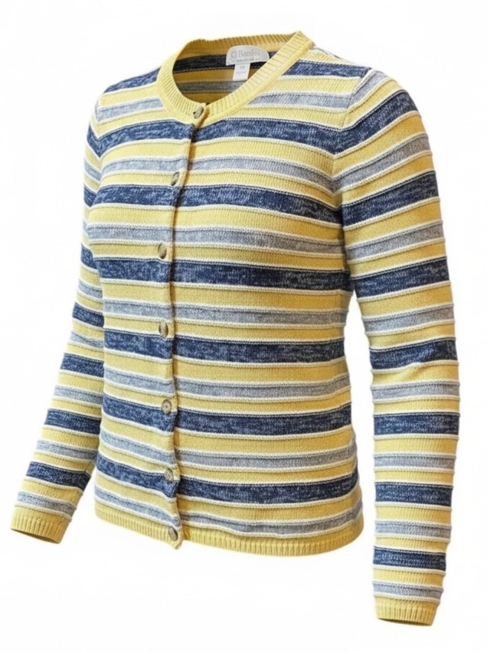 C.J Banks yellow/blue/gray striped button front cardigan size 1X